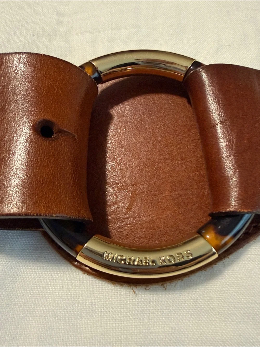 Michael Kors Brown Leather Belt with Gold and Tortoise Ring Buckle